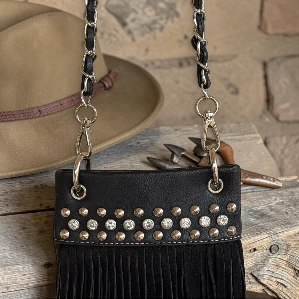 Western Fringe Crossbody Bag Black Silver Chain Rhinestone Studded Boho Purse - Picture 7 of 12